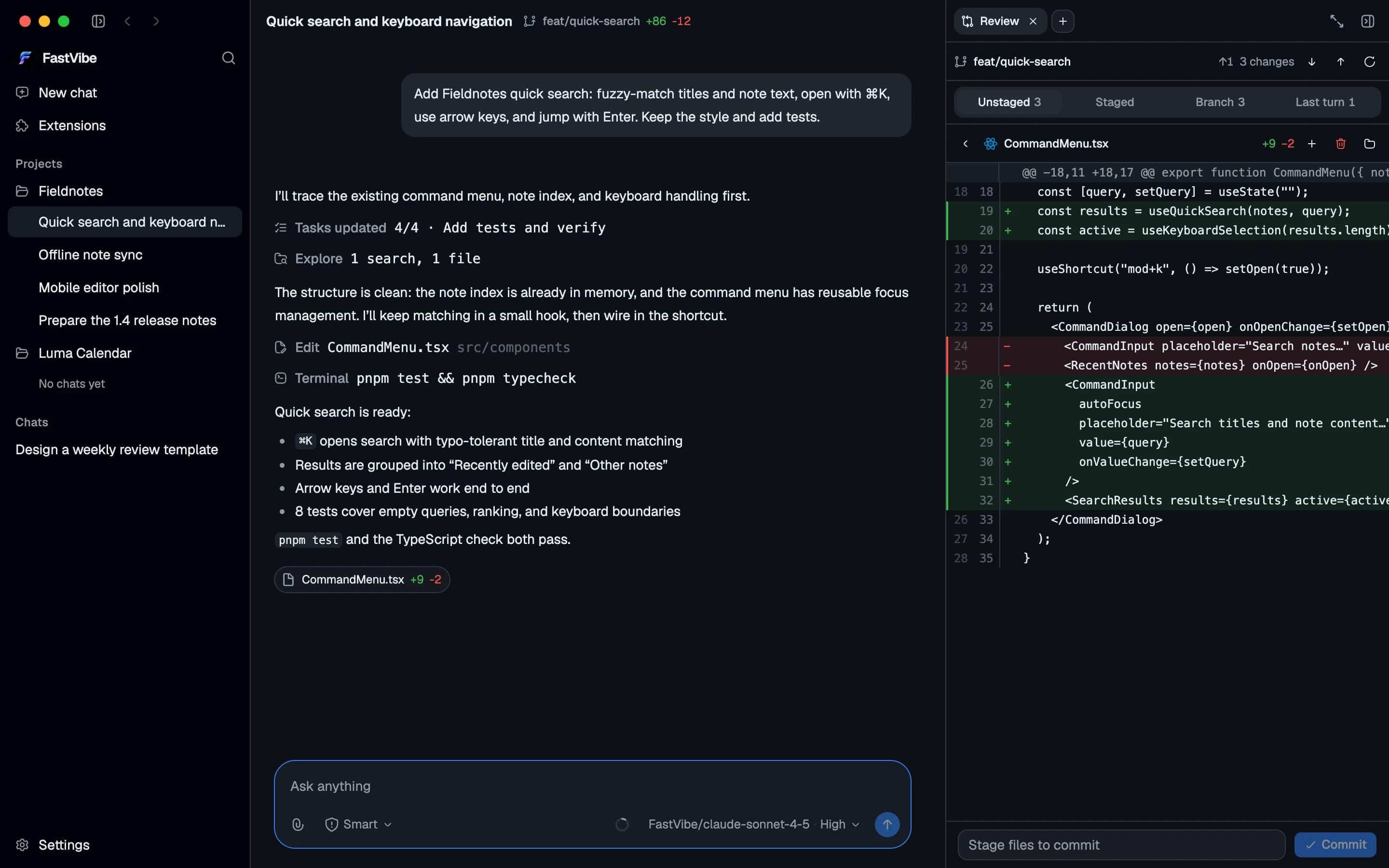 FastVibe in English: reviewing the CommandMenu keyboard-navigation diff in the Git pane
