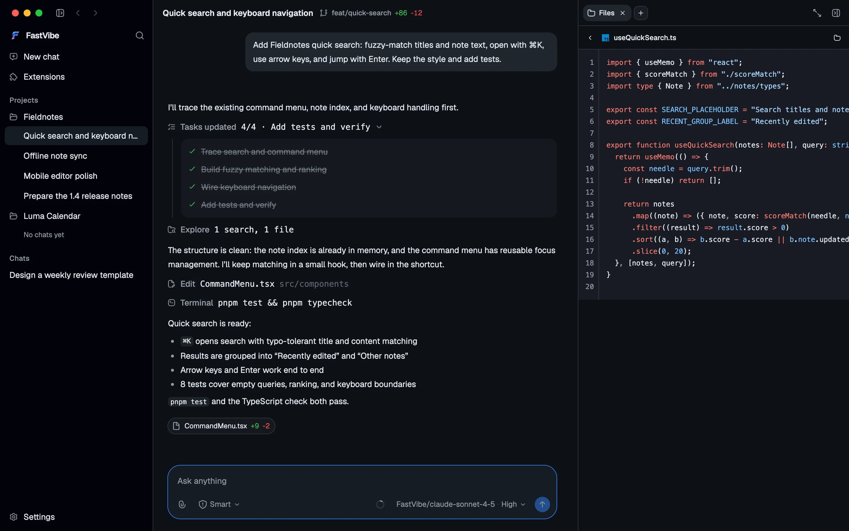 FastVibe in English: a Fieldnotes quick-search task, completed checklist and TypeScript file preview
